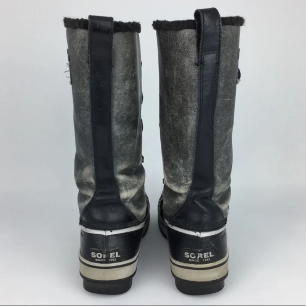 Sorel Tivoli Winter Snow Waterproof Boots Lace Up Distressed Grey Black Size 9.5